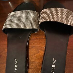 Bamboo Women's Black and Silver Slide Sandals